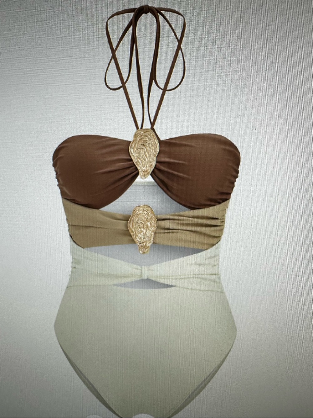 New with Tag! Two-Tone Brown & Cream One-Piece Swimsuit with Brown Sheer Sarong - Picture 4 of 14